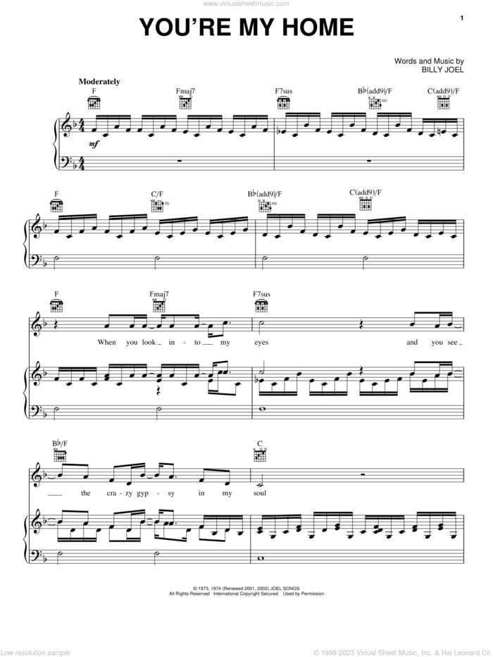 You're My Home sheet music for voice, piano or guitar by Billy Joel and David Rosenthal, intermediate skill level