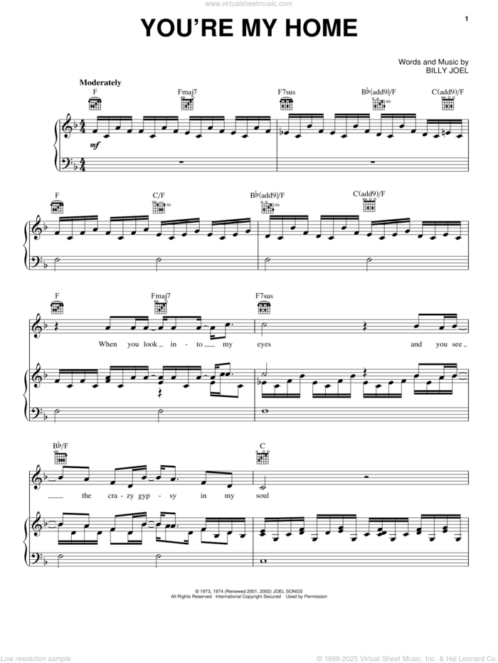 You're My Home sheet music for voice, piano or guitar by Billy Joel and David Rosenthal, intermediate skill level