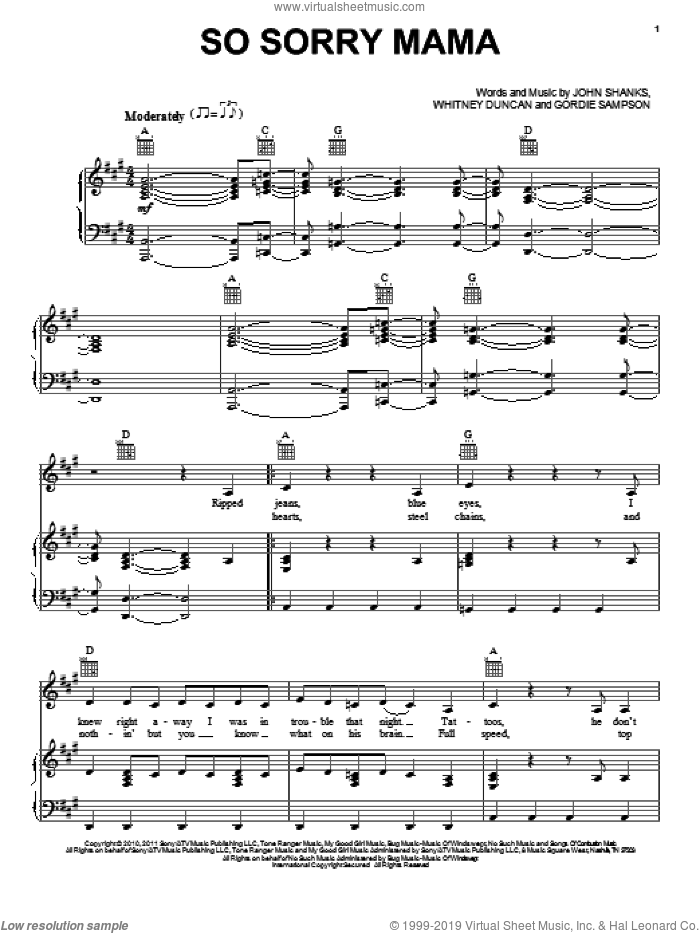 So Sorry Mama sheet music for voice, piano or guitar by Whitney Duncan, Footloose (2011 Movie), Gordie Sampson and John Shanks, intermediate skill level