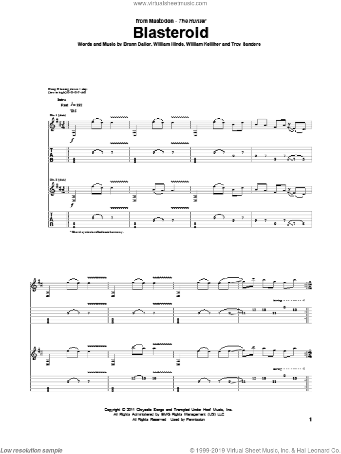 Blasteroid sheet music for guitar (tablature) by Mastodon, Brann Dailor, Troy Sanders, William Hinds and William Kelliher, intermediate skill level