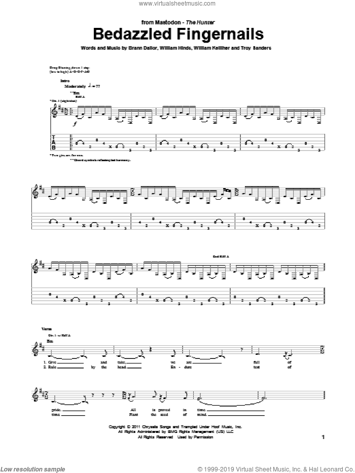Bedazzled Fingernails sheet music for guitar (tablature) by Mastodon, Brann Dailor, Troy Sanders, William Hinds and William Kelliher, intermediate skill level