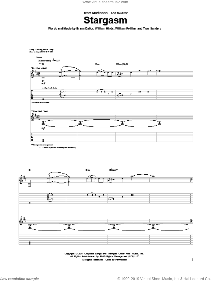 Stargasm sheet music for guitar (tablature) by Mastodon, Brann Dailor, Troy Sanders, William Hinds and William Kelliher, intermediate skill level