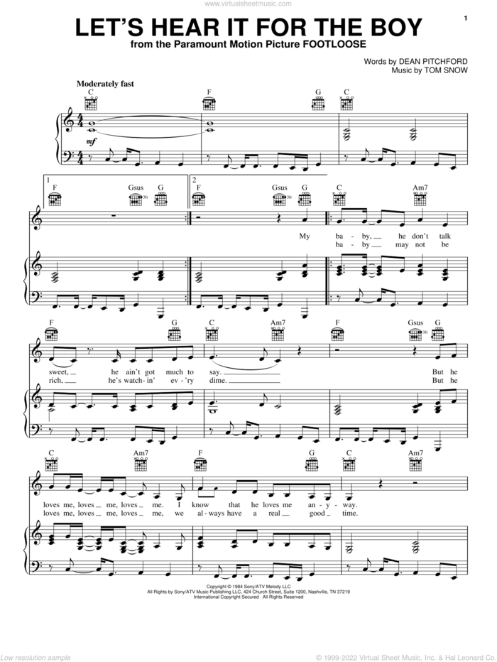Let's Hear It For The Boy sheet music for voice, piano or guitar by Jana Kramer, Deniece Williams, Footloose (2011 Movie), Dean Pitchford and Tom Snow, intermediate skill level