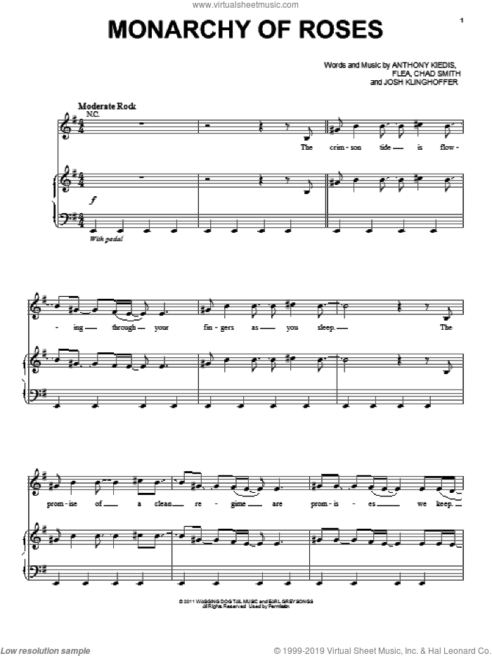 Monarchy Of Roses sheet music for voice, piano or guitar by Red Hot Chili Peppers, Anthony Kiedis, Chad Smith, Flea and Josh Klinghoffer, intermediate skill level