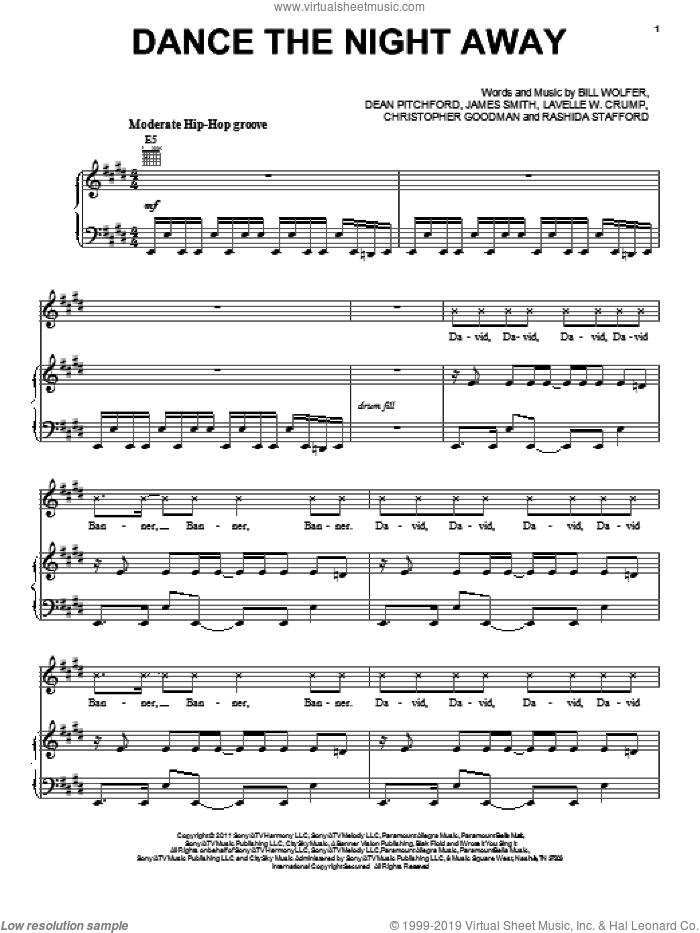 Dance The Night Away sheet music for voice, piano or guitar by David Banner featuring Denim, Footloose (2011 Movie), Bill Wolfer, Christopher Goodman, Dean Pitchford, James Smith, Lavelle W. Crump and Rashida Stafford, intermediate skill level