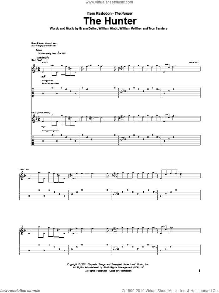 The Hunter sheet music for guitar (tablature) by Mastodon, Brann Dailor, Troy Sanders, William Hinds and William Kelliher, intermediate skill level