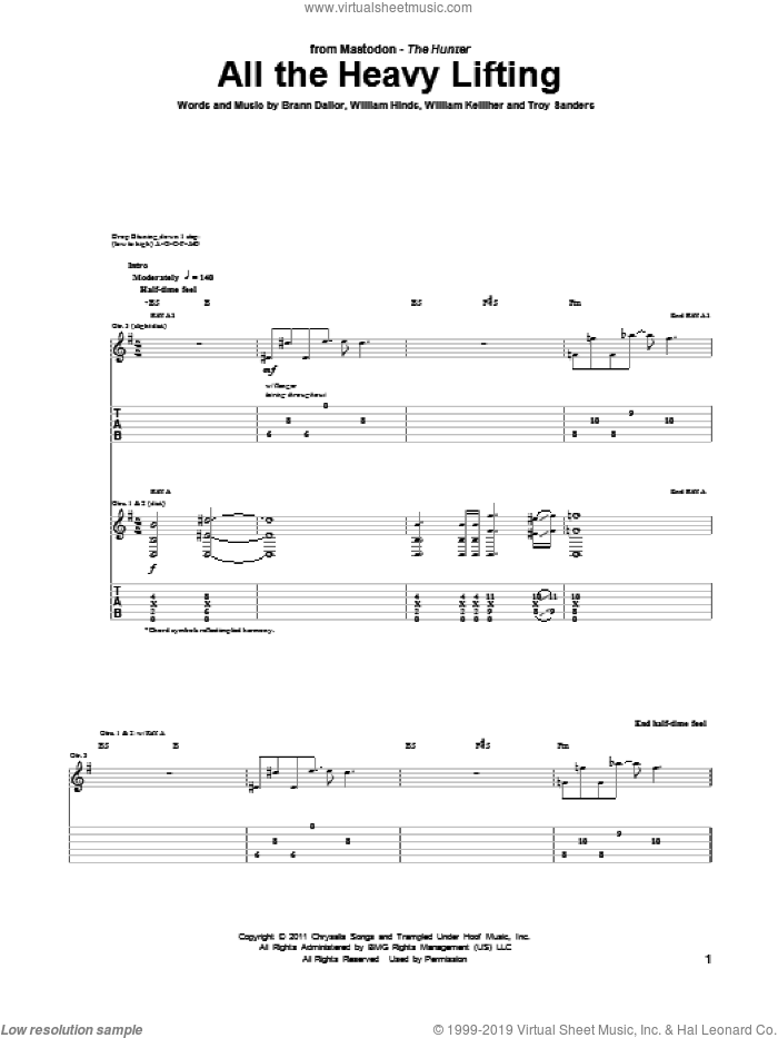All The Heavy Lifting sheet music for guitar (tablature) by Mastodon, Brann Dailor, Troy Sanders, William Hinds and William Kelliher, intermediate skill level