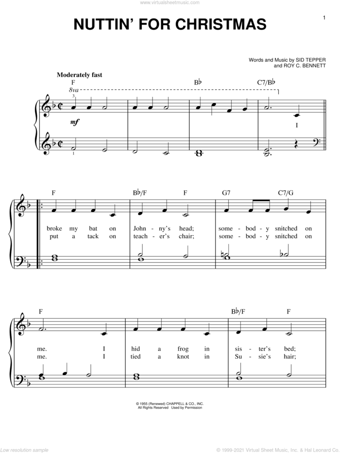 Nuttin' For Christmas sheet music for piano solo by Roy Bennett and Sid Tepper, easy skill level