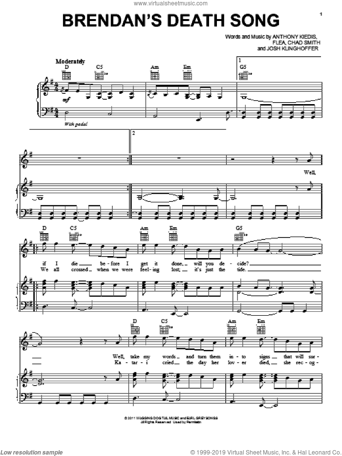 Brendan's Death Song sheet music for voice, piano or guitar by Red Hot Chili Peppers, Anthony Kiedis, Chad Smith, Flea and Josh Klinghoffer, intermediate skill level