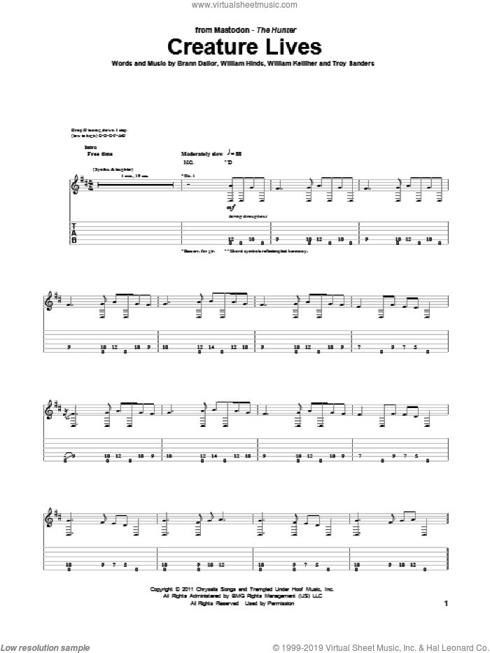 Creature Lives sheet music for guitar (tablature) by Mastodon, Brann Dailor, Troy Sanders, William Hinds and William Kelliher, intermediate skill level