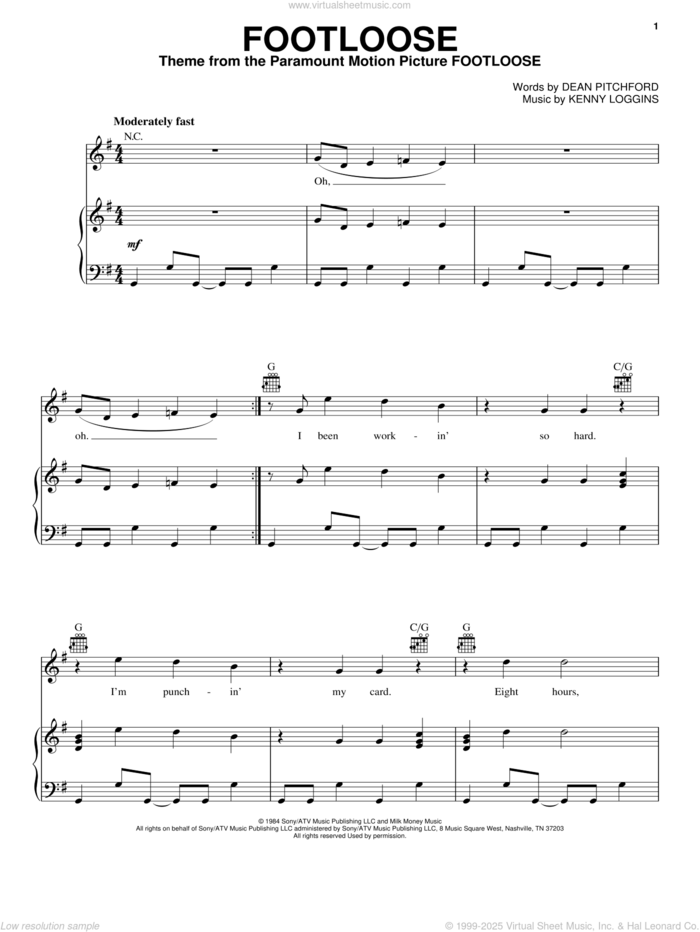 Footloose sheet music for voice, piano or guitar by Blake Shelton, Footloose (2011 Movie), Dean Pitchford and Kenny Loggins, intermediate skill level