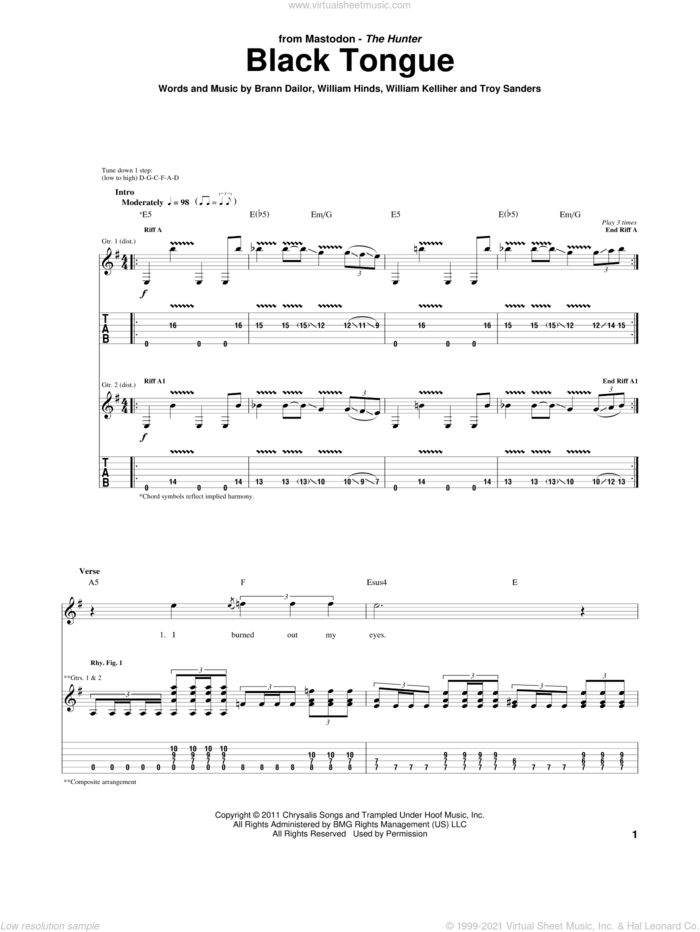 Black Tongue sheet music for guitar (tablature) by Mastodon, Brann Dailor, Troy Sanders, William Hinds and William Kelliher, intermediate skill level