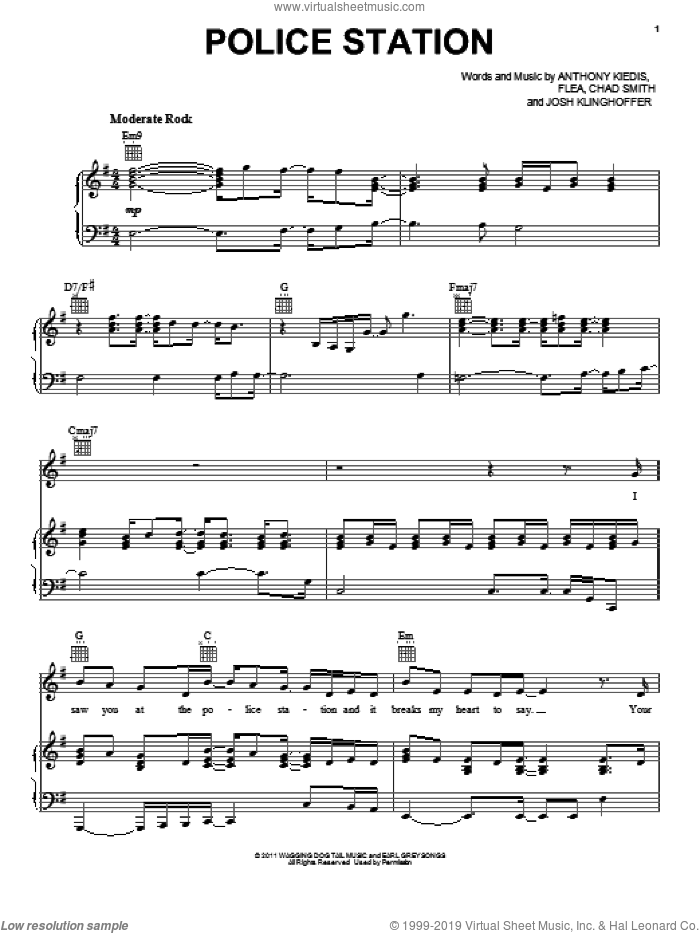 Police Station sheet music for voice, piano or guitar by Red Hot Chili Peppers, Anthony Kiedis, Chad Smith, Flea and Josh Klinghoffer, intermediate skill level