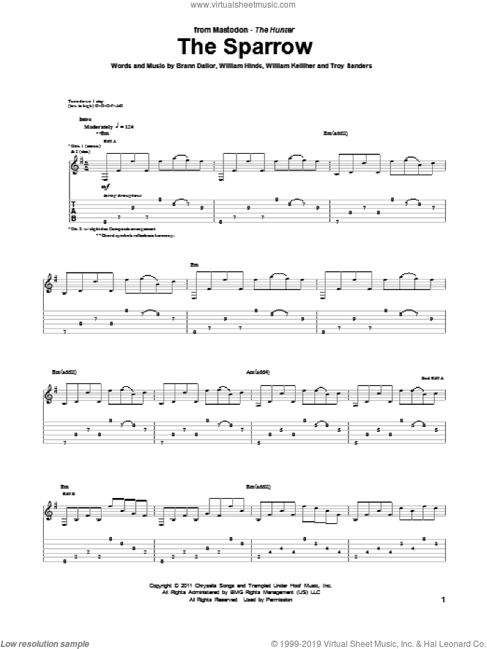 The Sparrow sheet music for guitar (tablature) by Mastodon, Brann Dailor, Troy Sanders, William Hinds and William Kelliher, intermediate skill level