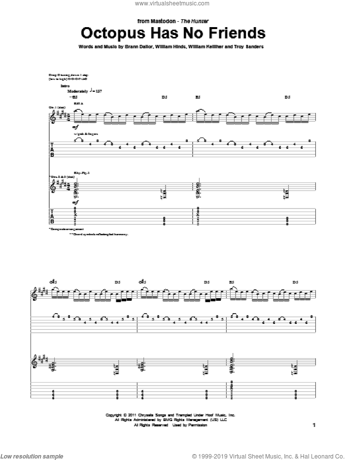 Octopus Has No Friends sheet music for guitar (tablature) by Mastodon, Brann Dailor, Troy Sanders, William Hinds and William Kelliher, intermediate skill level