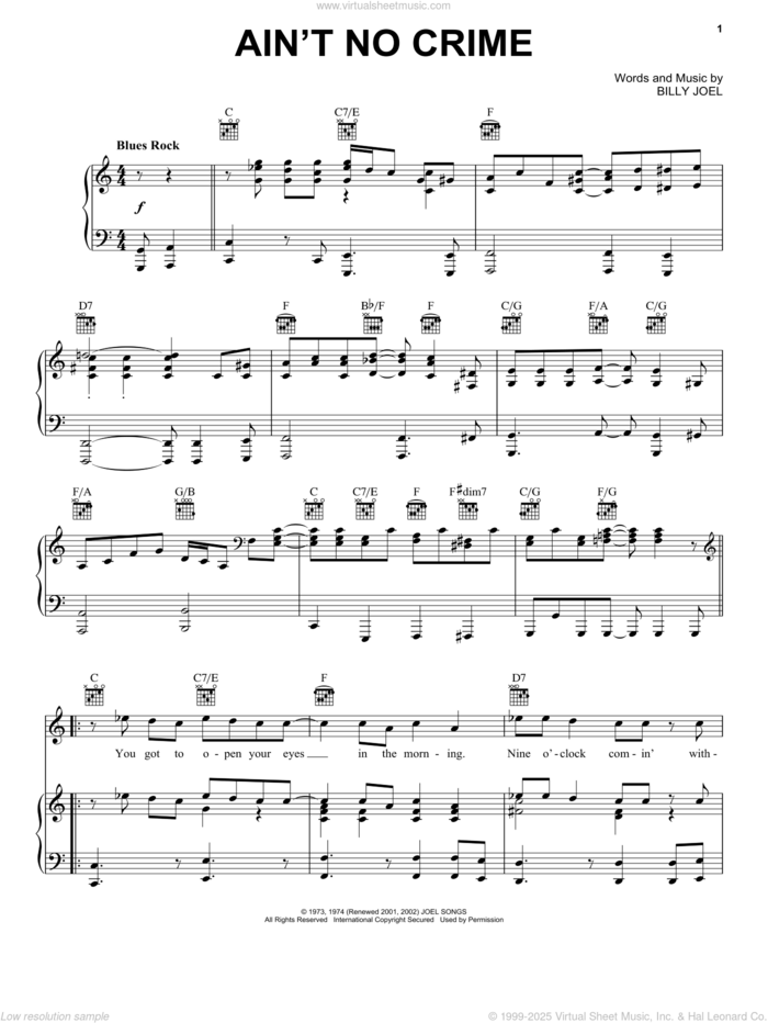 Ain't No Crime sheet music for voice, piano or guitar by Billy Joel and David Rosenthal, intermediate skill level