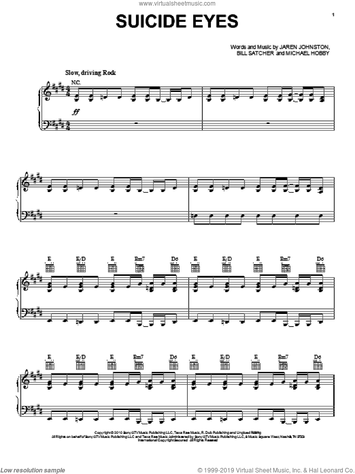 Suicide Eyes sheet music for voice, piano or guitar by A Thousand Horses, Footloose (2011 Movie), Bill Satcher, Jaren Johnston and Michael Hobby, intermediate skill level