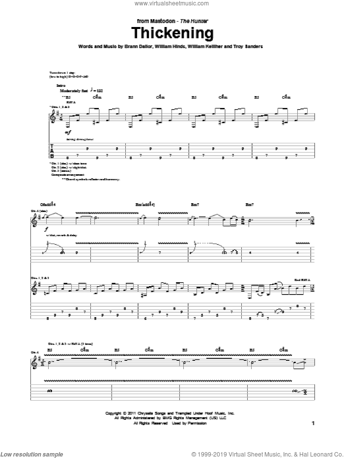 Thickening sheet music for guitar (tablature) by Mastodon, Brann Dailor, Troy Sanders, William Hinds and William Kelliher, intermediate skill level