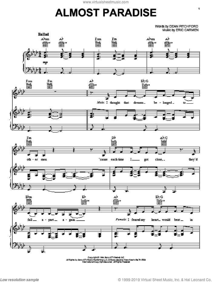 Almost Paradise sheet music for voice, piano or guitar by Victoria Justice & Hunter Hayes, Ann Wilson & Mike Reno, Footloose (2011 Movie), Dean Pitchford and Eric Carmen, intermediate skill level