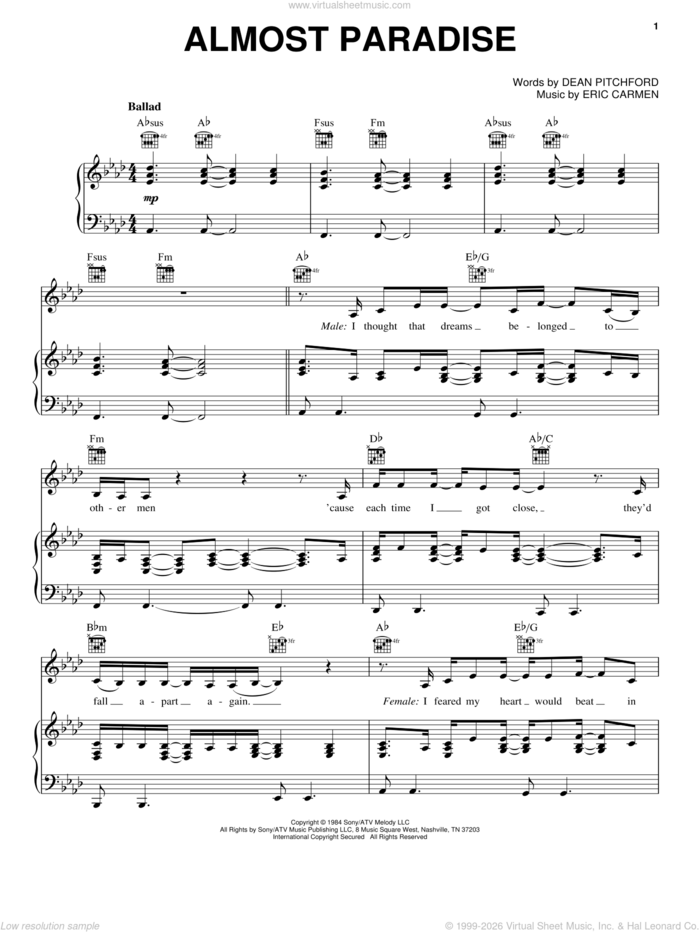 Almost Paradise sheet music for voice, piano or guitar by Victoria Justice & Hunter Hayes, Ann Wilson & Mike Reno, Footloose (2011 Movie), Dean Pitchford and Eric Carmen, intermediate skill level