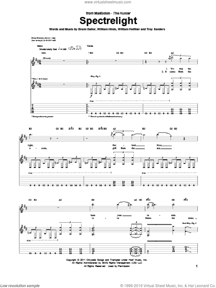 Spectrelight sheet music for guitar (tablature) by Mastodon, Brann Dailor, Troy Sanders, William Hinds and William Kelliher, intermediate skill level