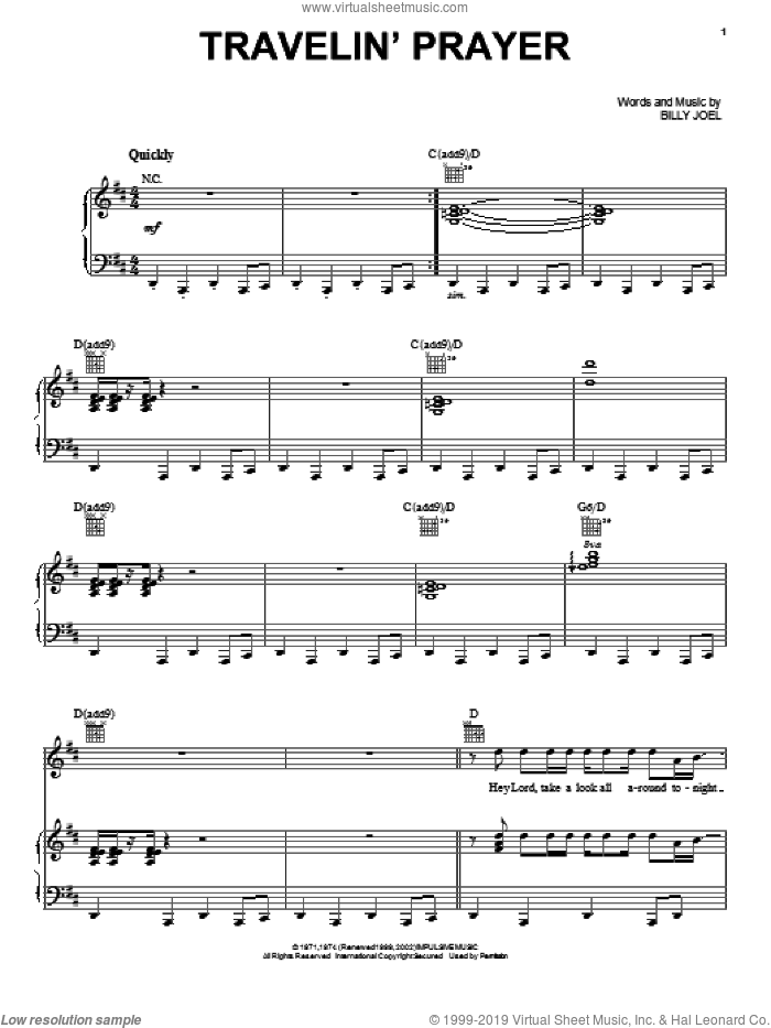 Travelin' Prayer sheet music for voice, piano or guitar by Billy Joel and David Rosenthal, intermediate skill level