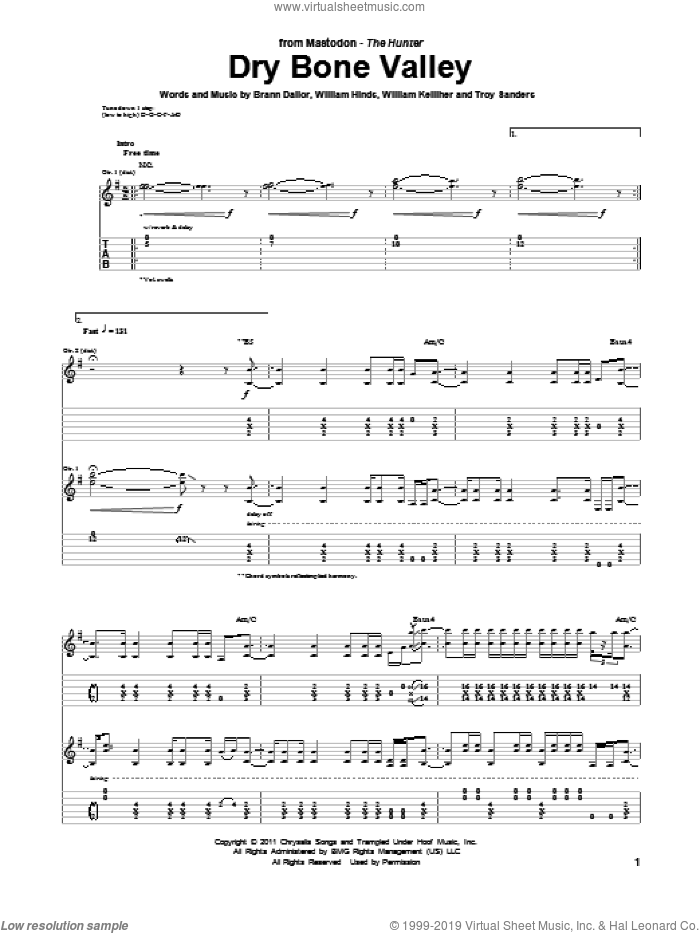 Dry Bone Valley sheet music for guitar (tablature) by Mastodon, Brann Dailor, Troy Sanders, William Hinds and William Kelliher, intermediate skill level