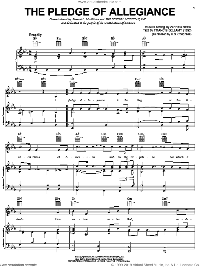 Pledge Of Allegiance, The (Reed A) sheet music for voice, piano or guitar by Alfred Reed, intermediate skill level