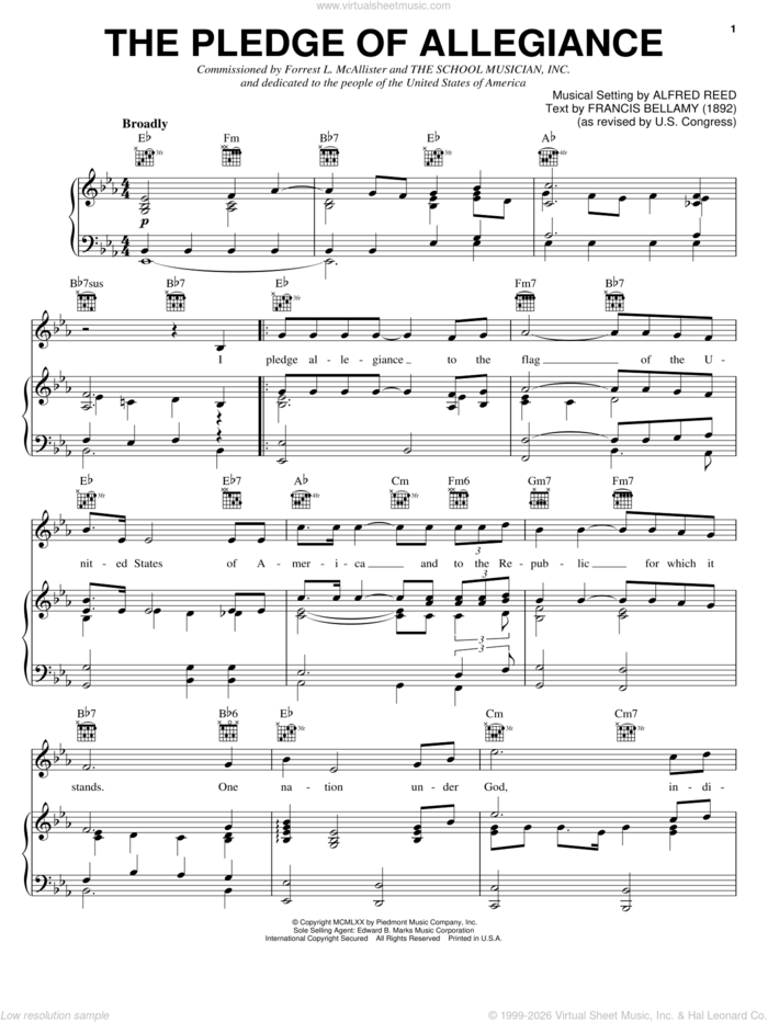 Pledge Of Allegiance, The (Reed A) sheet music for voice, piano or guitar by Alfred Reed, intermediate skill level