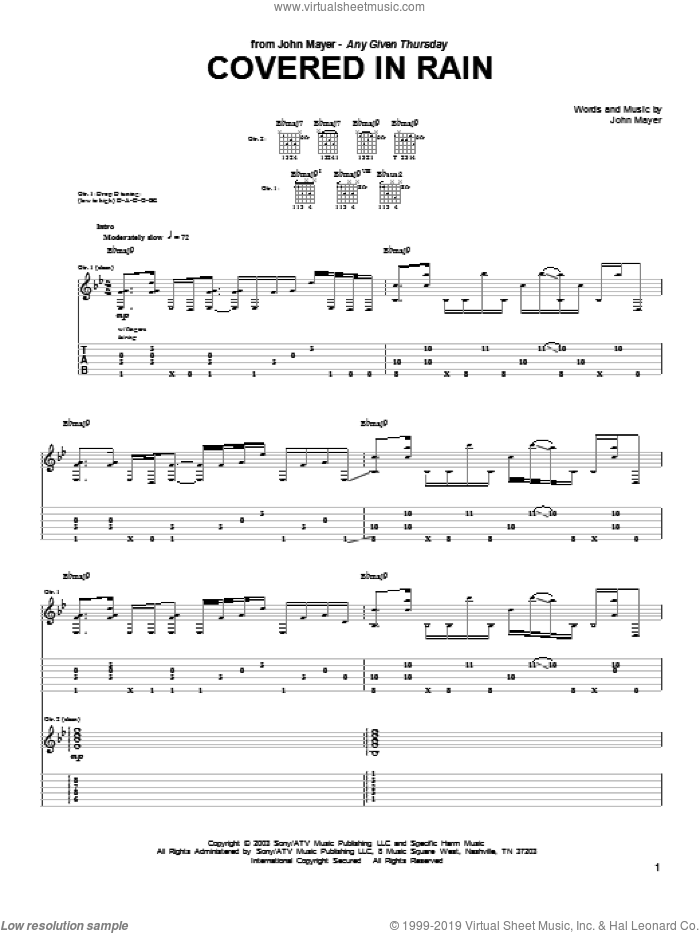 Covered In Rain sheet music for guitar (tablature) by John Mayer, intermediate skill level