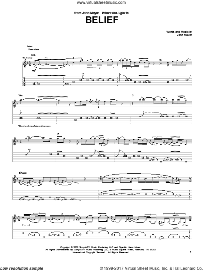 Belief sheet music for guitar (tablature) by John Mayer, intermediate skill level