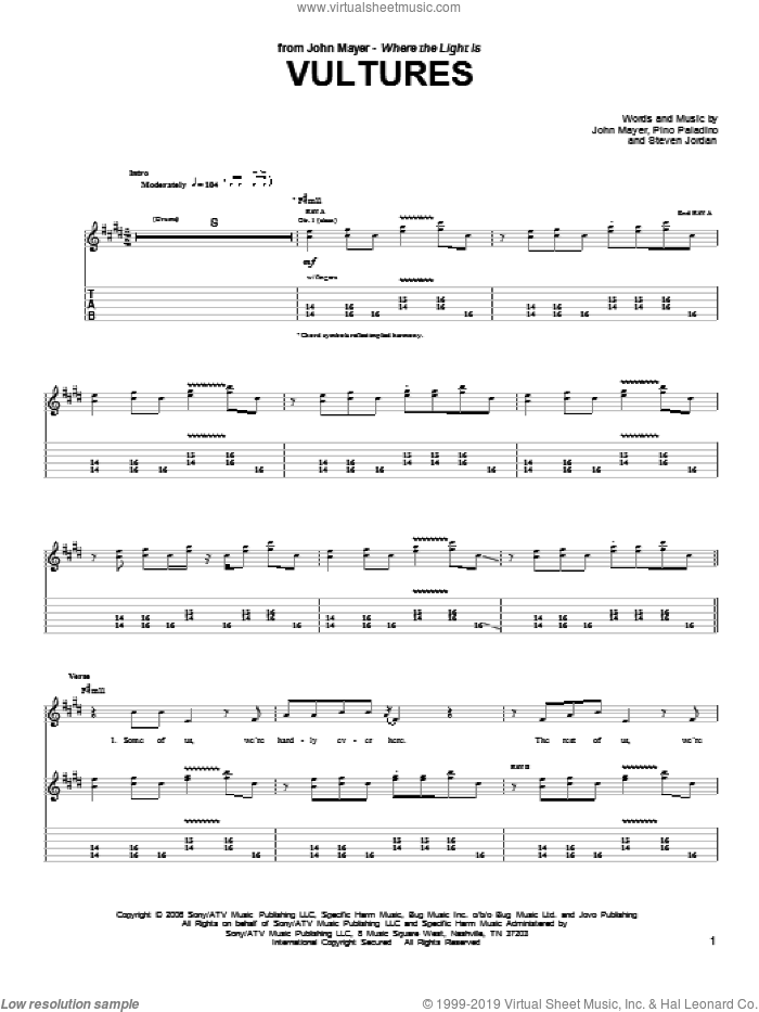 Vultures sheet music for guitar (tablature) by John Mayer, Pino Paladino and Steve Jordan, intermediate skill level