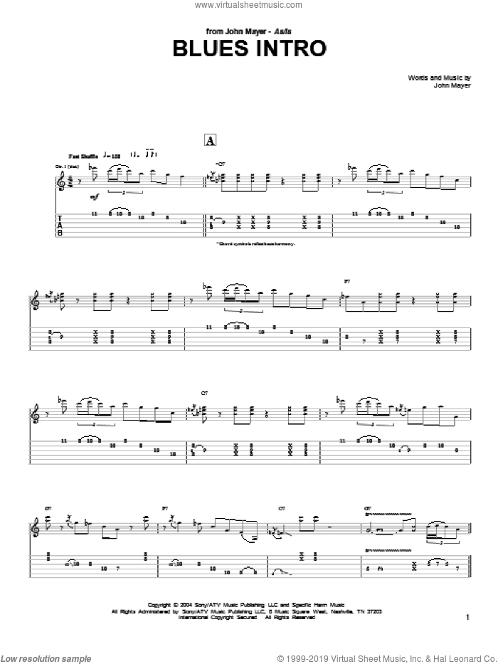 Blues Intro sheet music for guitar (tablature) by John Mayer, intermediate skill level