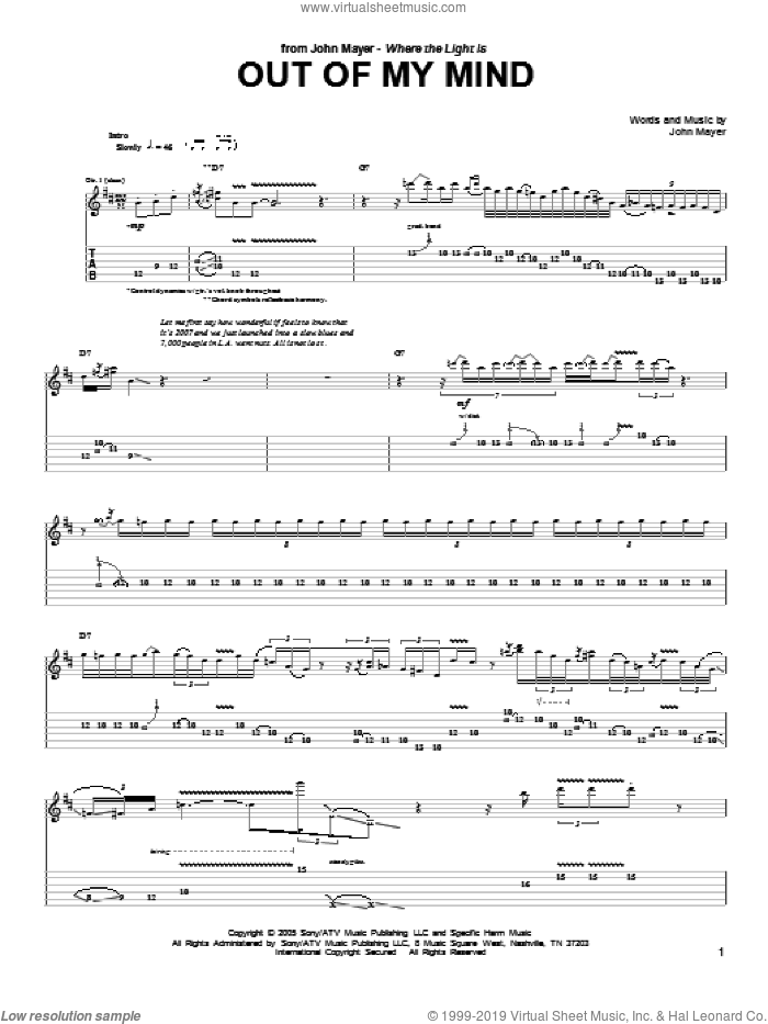 Out Of My Mind sheet music for guitar (tablature) by John Mayer, intermediate skill level