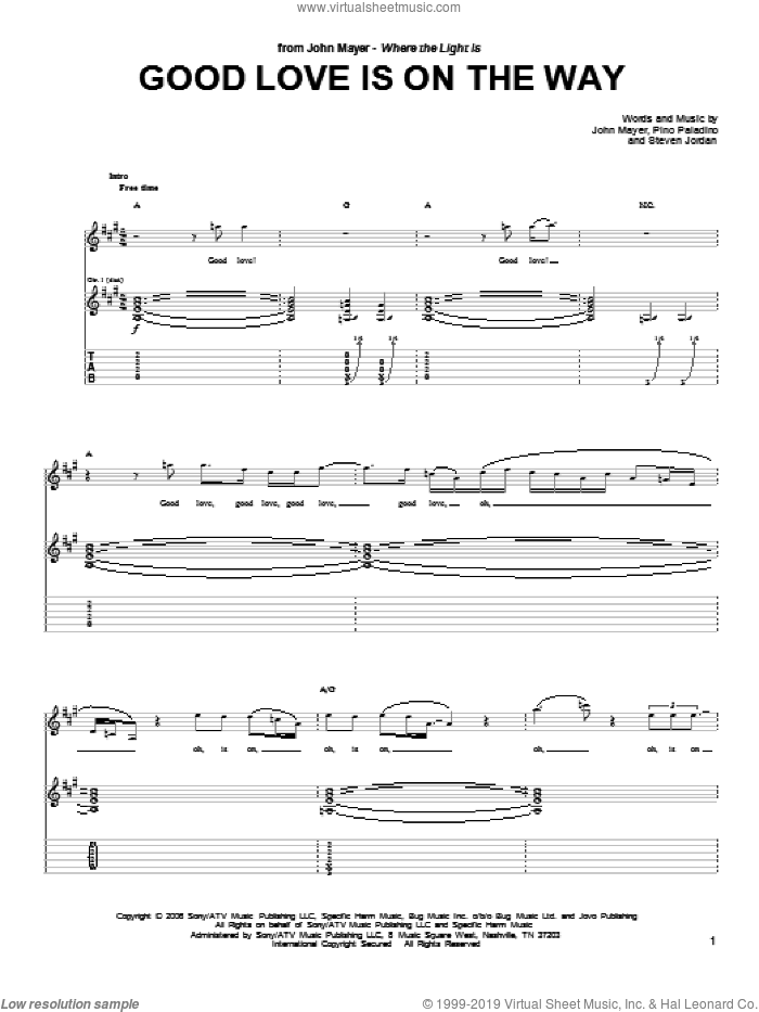 Good Love Is On The Way sheet music for guitar (tablature) by John Mayer, Pino Paladino and Steve Jordan, intermediate skill level