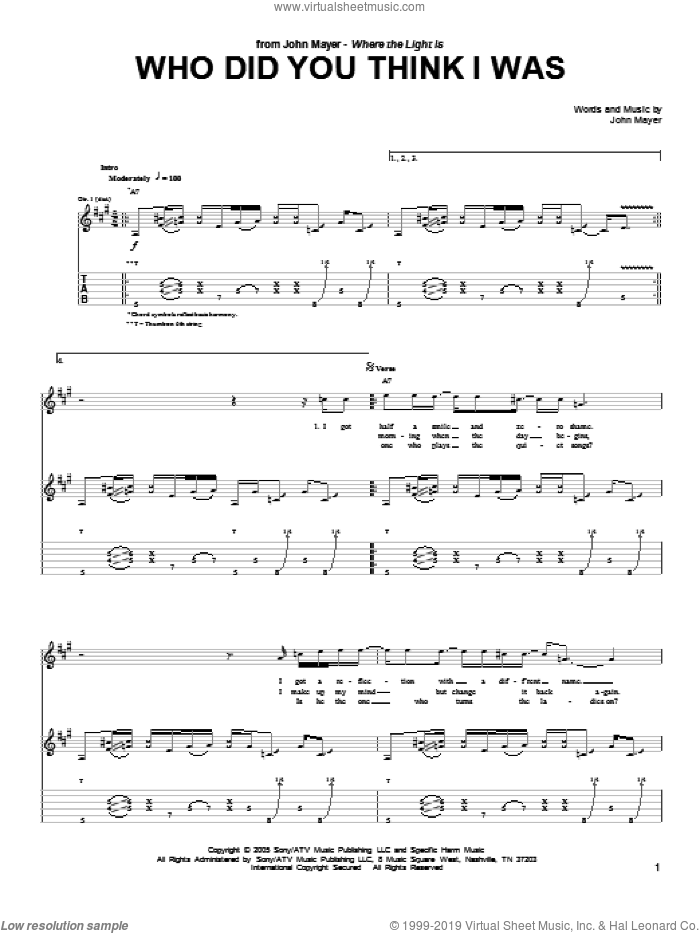 Who Did You Think I Was sheet music for guitar (tablature) by John Mayer, intermediate skill level
