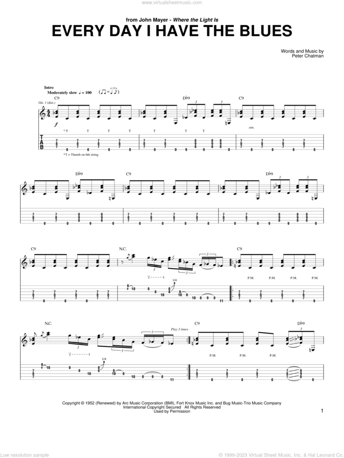 Every Day I Have The Blues sheet music for guitar (tablature) by John Mayer, B.B. King and Peter Chatman, intermediate skill level