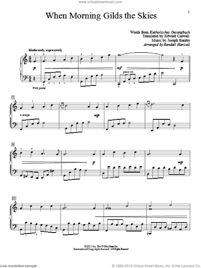 When Morning Gilds The Skies sheet music for piano solo (elementary) by Edward Caswall, Randall Hartsell, Joseph Barnby and Katholisches Gesangbuch, beginner piano (elementary)