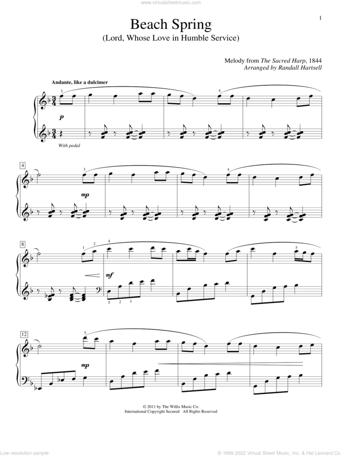 Beach Spring (Lord, Whose Love In Humble Service) sheet music for piano solo (elementary) by The Sacred Harp and Randall Hartsell, beginner piano (elementary)