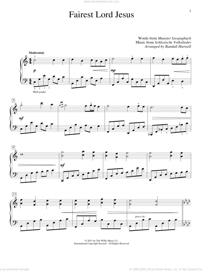 Fairest Lord Jesus sheet music for piano solo (elementary) by Munster Gesangbuch, Randall Hartsell and Joseph August Seiss, beginner piano (elementary)
