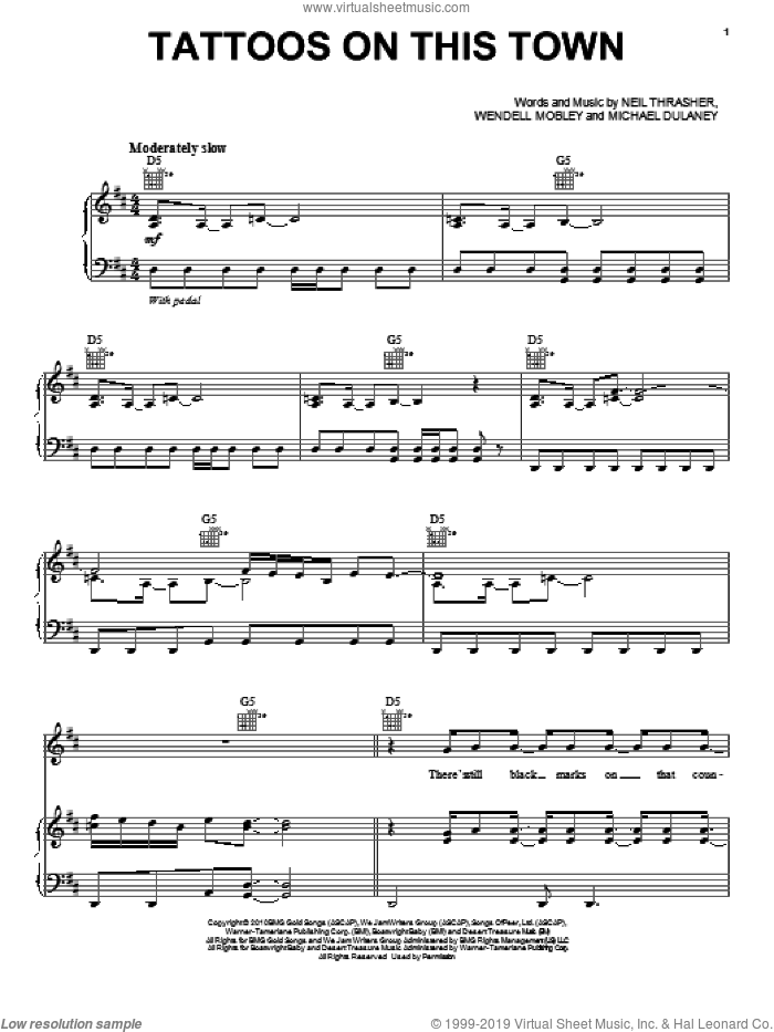 Tattoos On This Town sheet music for voice, piano or guitar by Jason Aldean, Michael Dulaney, Neil Thrasher and Wendell Mobley, intermediate skill level