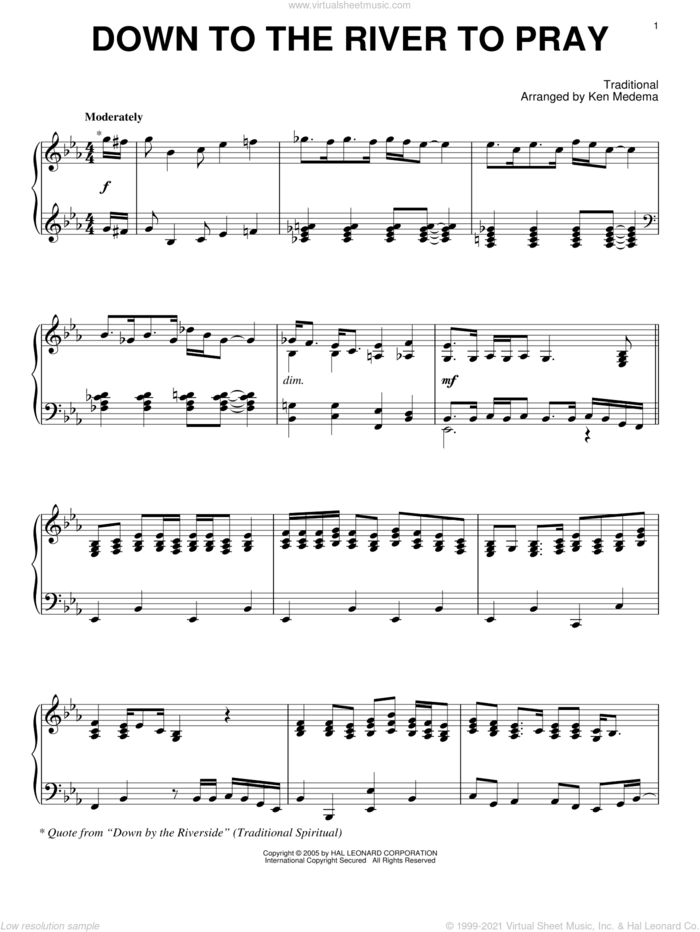 Down To The River To Pray sheet music for piano solo by Ken Medema and Miscellaneous, intermediate skill level