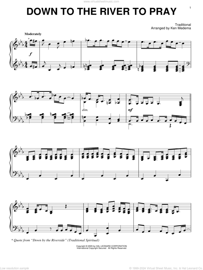 Down To The River To Pray sheet music for piano solo by Ken Medema and Miscellaneous, intermediate skill level