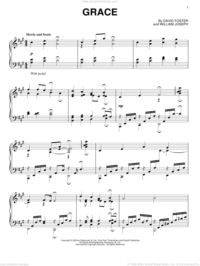 Grace sheet music for piano solo by William Joseph and David Foster, intermediate skill level