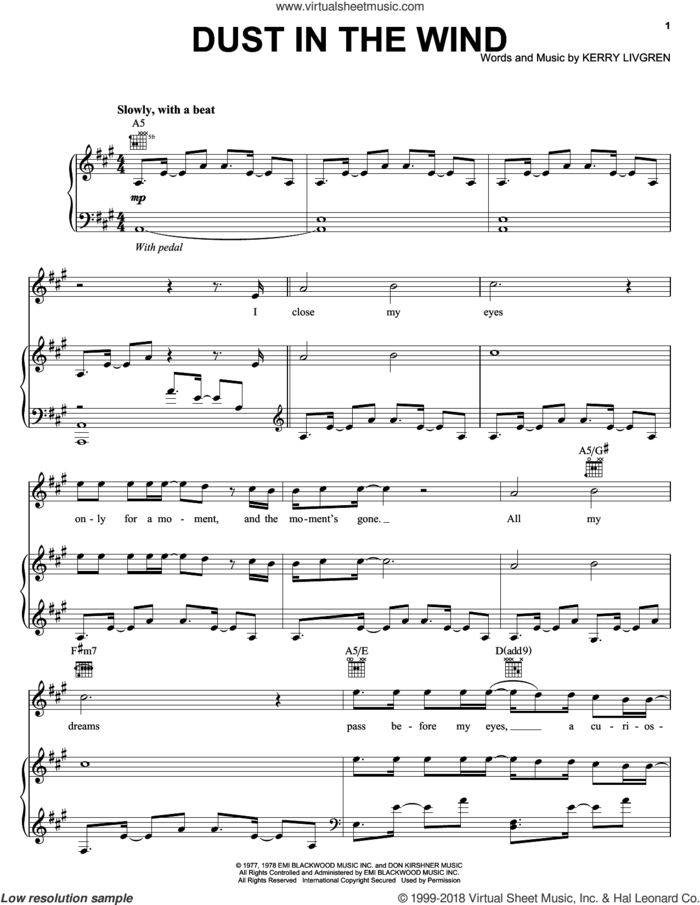 Dust In The Wind sheet music for voice, piano or guitar by William Joseph, Kansas and Kerry Livgren, intermediate skill level