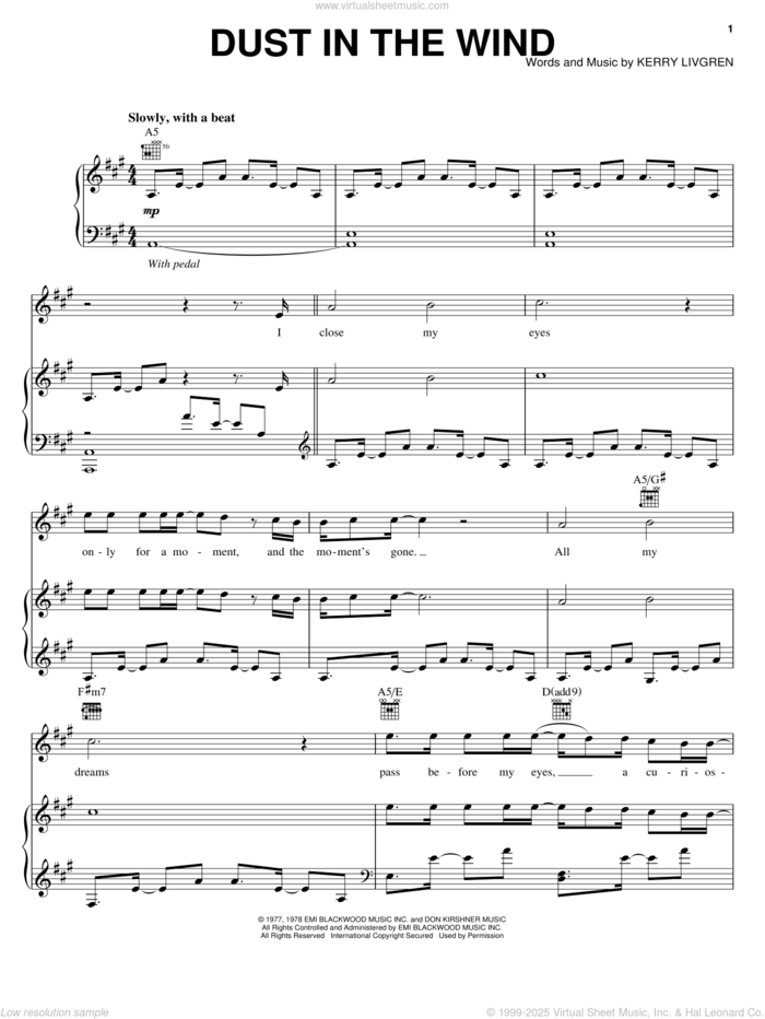 Dust In The Wind sheet music for voice, piano or guitar by William Joseph, Kansas and Kerry Livgren, intermediate skill level