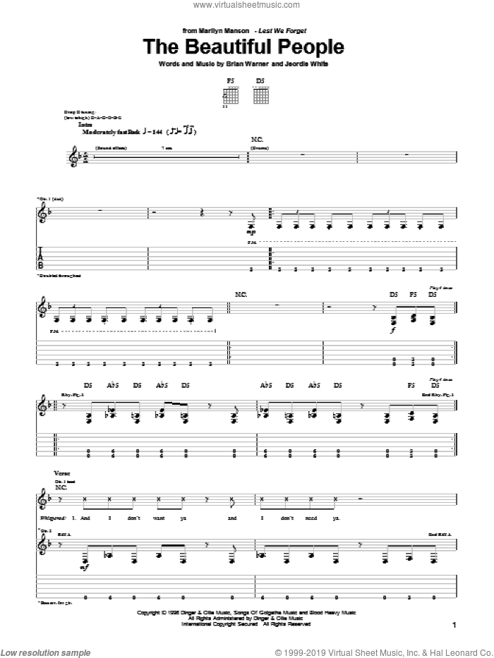 The Beautiful People sheet music for guitar (tablature) by Marilyn Manson and Twiggy Ramirez, intermediate skill level