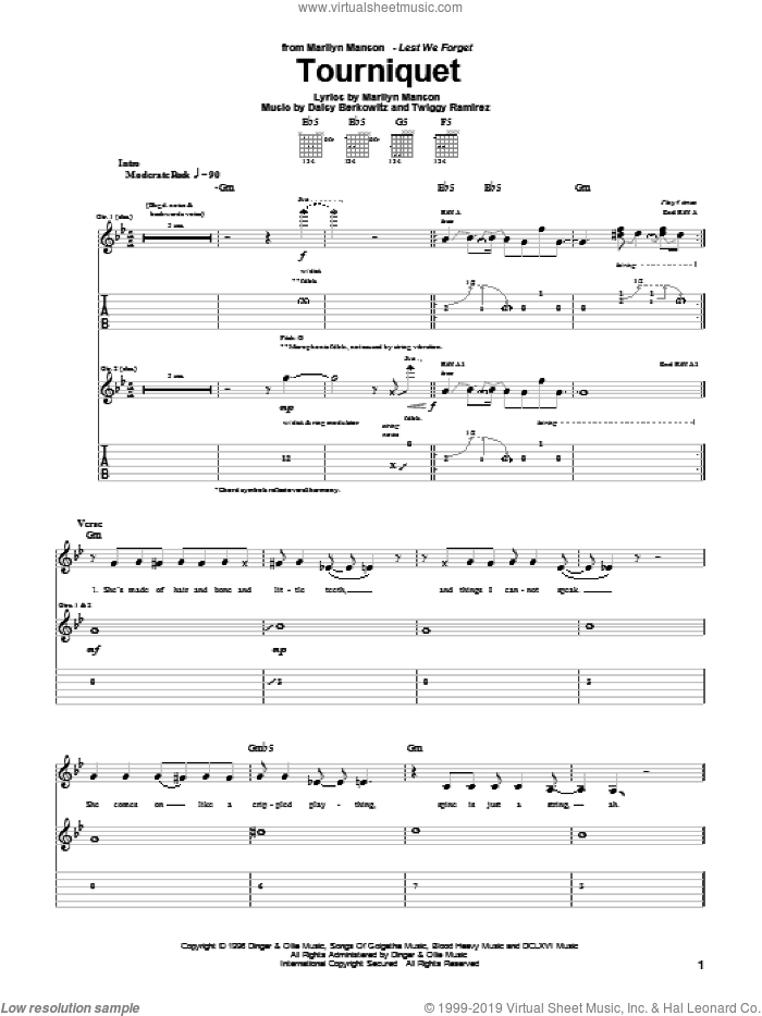 Tourniquet sheet music for guitar (tablature) by Marilyn Manson, Daisy Berkowitz and Twiggy Ramirez, intermediate skill level