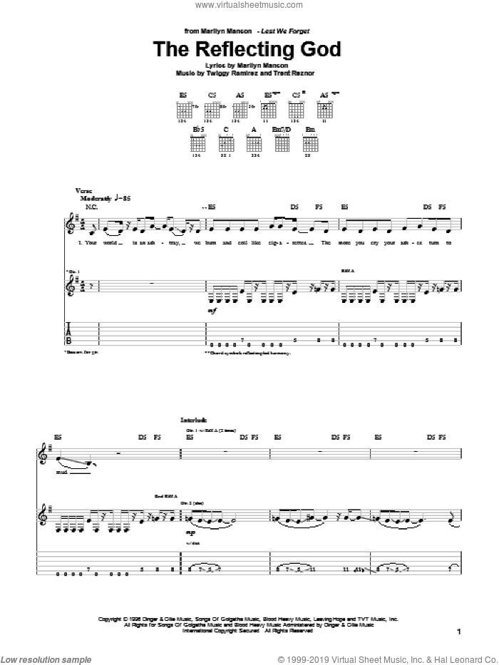 The Reflecting God sheet music for guitar (tablature) by Marilyn Manson, Trent Reznor and Twiggy Ramirez, intermediate skill level