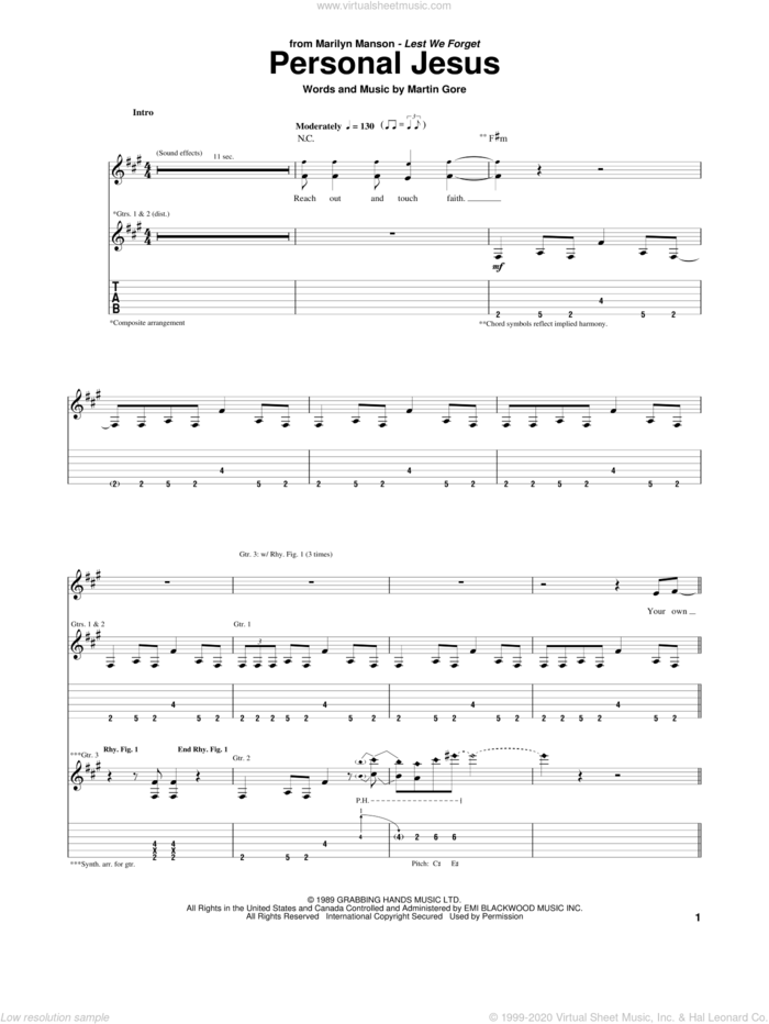 Personal Jesus sheet music for guitar (tablature) by Marilyn Manson, Depeche Mode, Johnny Cash and Martin Gore, intermediate skill level